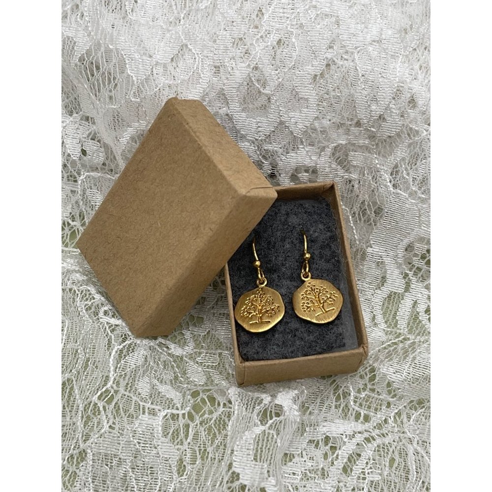 Gold Tone Tree Engraved Round Dangle Earrings - Picture 12 of 12
